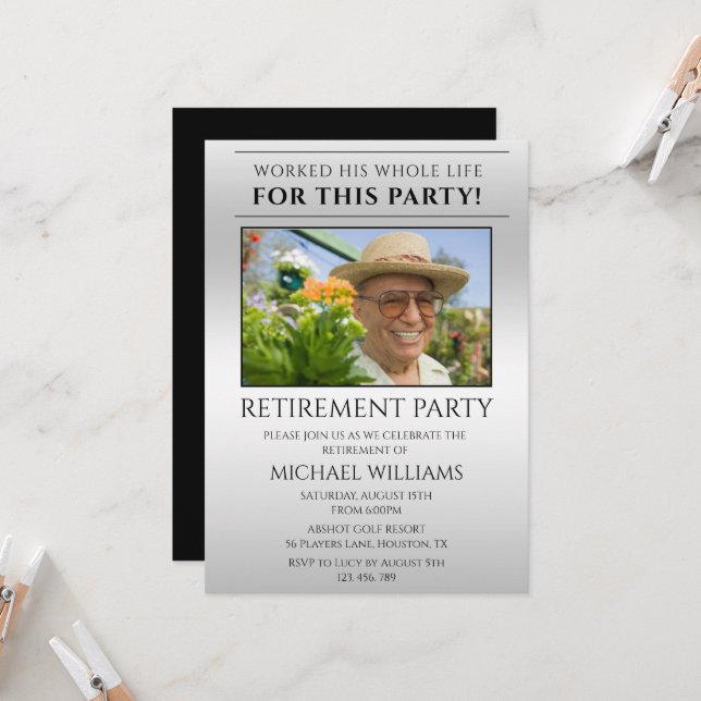 Modern Silver Masculine Photo Retirement Invitation (Front/Back In Situ)