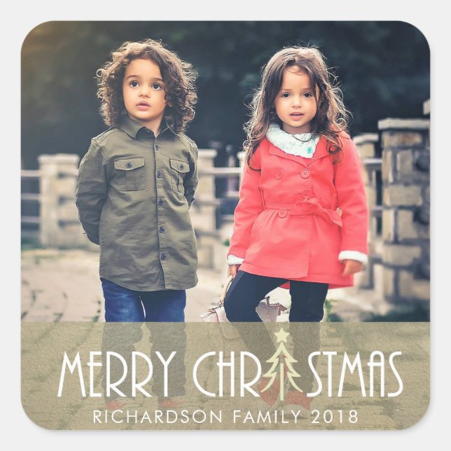 MODERN SILVER MERRY CHRISTMAS DOODLE HOLIDAY PHOTO SQUARE STICKER (Front)