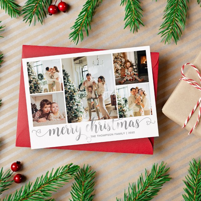 Modern Silver Merry Christmas Heart Script 5 Photo Holiday Card (Creator Uploaded)