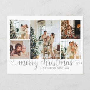 Modern Silver Merry Christmas Heart Script 5 Photo Holiday Postcard