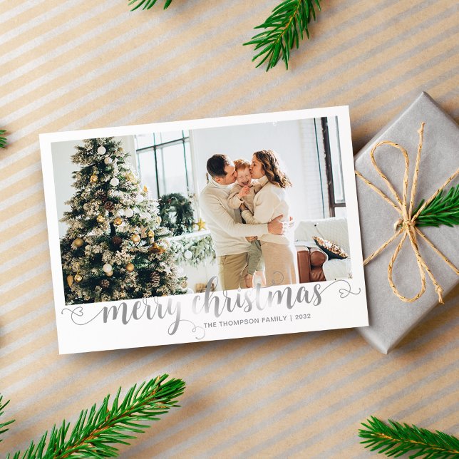 Modern Silver Merry Christmas Heart Script Photo Holiday Card (Creator Uploaded)