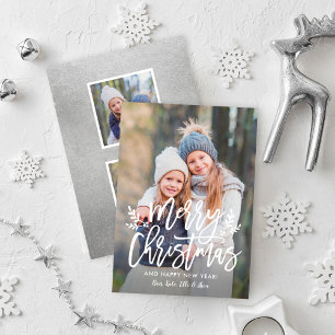 Modern Silver Merry Christmas Script Photo Collage Holiday Card