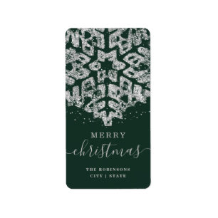 Modern Silver Merry Xmas Holidays Glitter Green Label