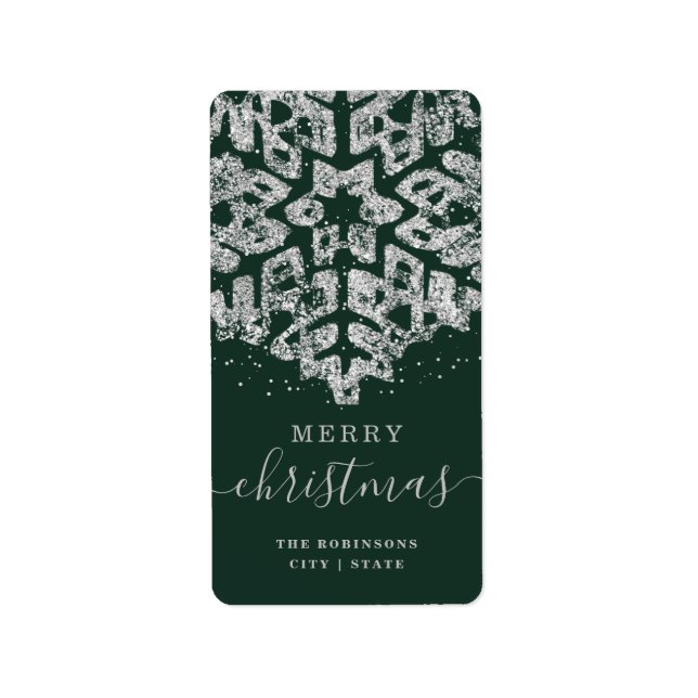 Modern Silver Merry Xmas Holidays Glitter Green Label (Front)