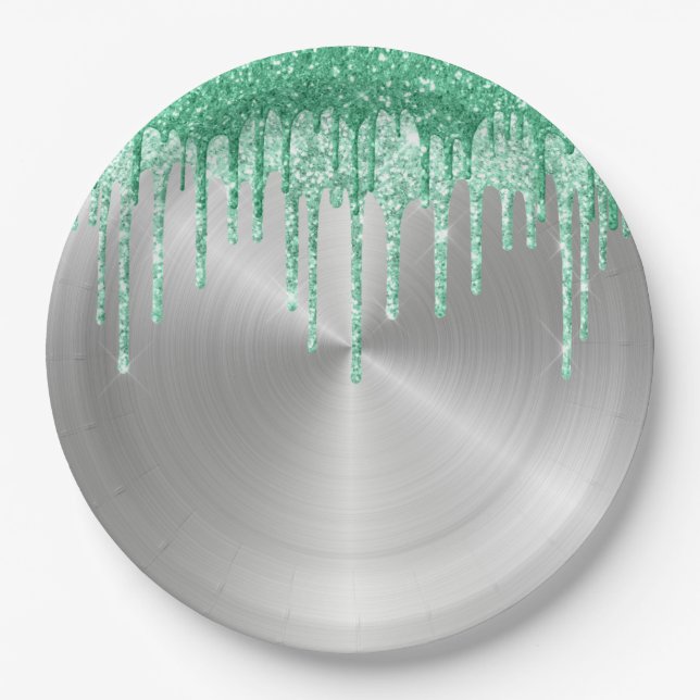 Modern Silver Metal Green Glitter Drips Paper Plate (Front)