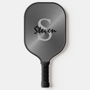 Modern Silver Metallic Chrome Monogram Name Pickleball Paddle