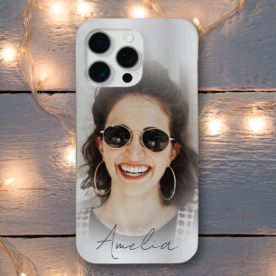 Modern Silver Metallic One Photo Your Name iPhone 15 Pro Max Case