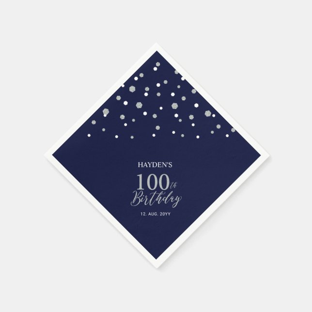 Modern Silver & Navy Blue 100th Birthday Party Napkin (Corner)