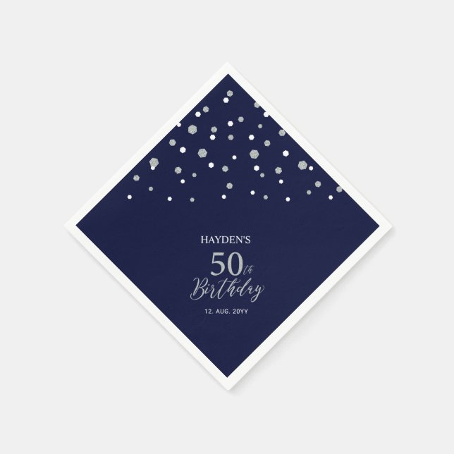 Modern Silver & Navy Blue 50th Birthday Party Napkin (Corner)