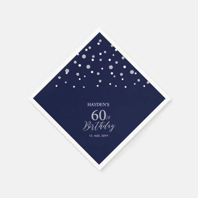 Modern Silver & Navy Blue 60th Birthday Party Napkin (Corner)