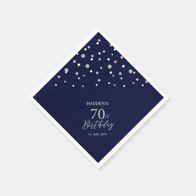 Modern Silver & Navy Blue 70th Birthday Party Napkin (Corner)