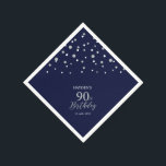 Modern Silver & Navy Blue 90th Birthday Party Napkin<br><div class="desc">This personalised paper napkin will add stylish detail to your special day. This design features modern silver & navy blue hexagon confetti with custom text. Perfect for a modern silver theme 90th birthday party. Matching invitations and party supplies are available in my shop BaraBomDesign.</div>