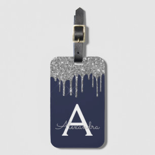 Modern Silver Navy Blue Glitter Sparkle Monogram Luggage Tag