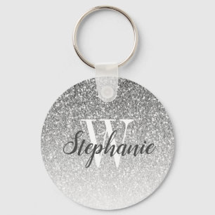 Modern Silver Ombre Faux Glitter Monogram Key Ring