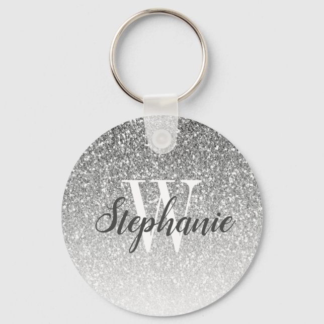 Modern Silver Ombre Faux Glitter Monogram Key Ring (Front)