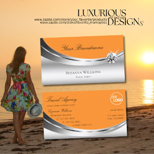 Modern Silver Orange with Logo Sparkling Diamond Business Card