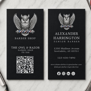 Modern Silver Owl Barber Shop Logo Qr Code Business Card
