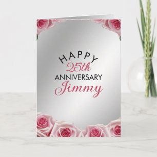 Modern Silver Pink Roses Husband 25th Anniversary Card
