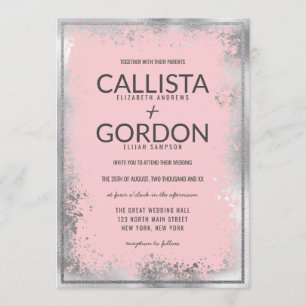 Modern Silver Pink Splatter Glitter Border Wedding Invitation