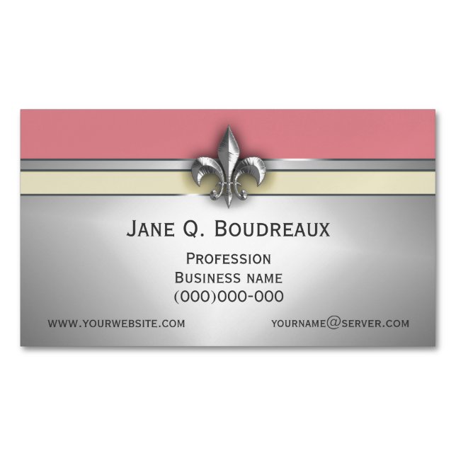 Modern Silver Pink Yellow Fleur de Lis Magnetic Business Card (Front)