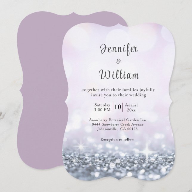 Modern Silver Purple Glitter Script Wedding Invitation (Front/Back)