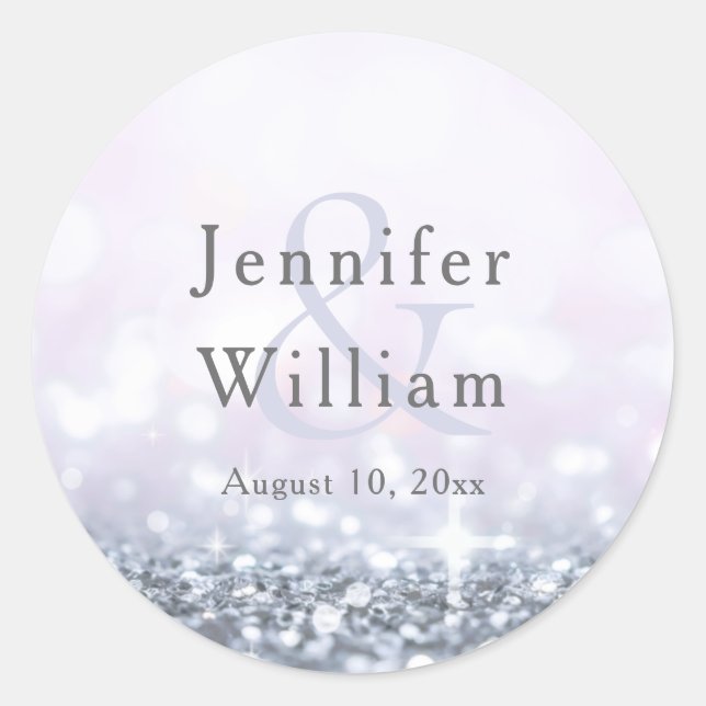 Modern Silver Purple Glitter Wedding Classic Round Sticker (Front)