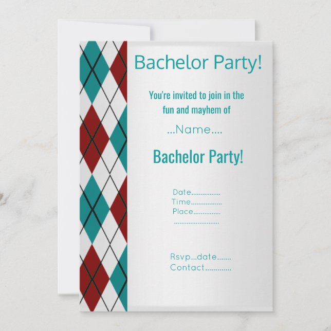 MODERN SILVER RED AQUA BACHELOR PARTY INVITATION (Front)