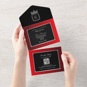 Modern Silver Red Black Monogram Wedding Invite