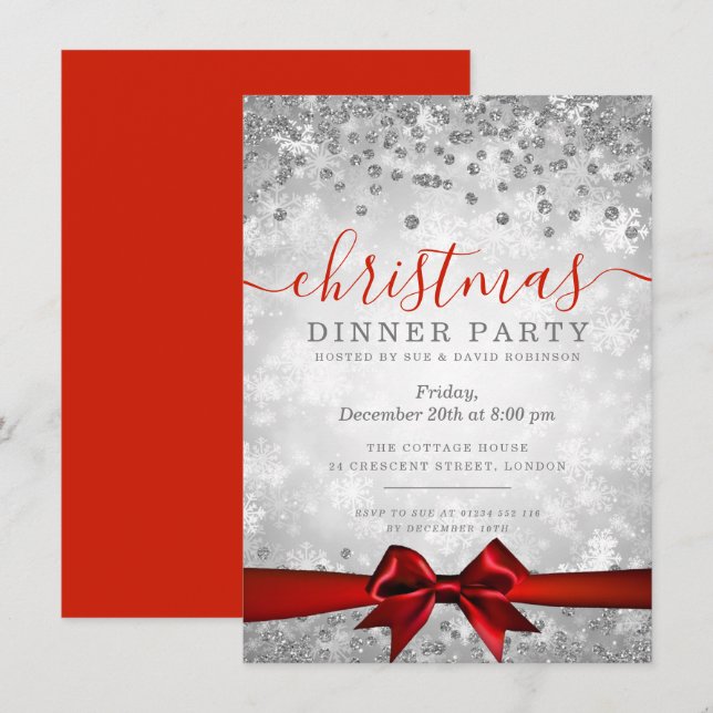 Modern Silver Red Christmas Glitter Winter Invitation (Front/Back)