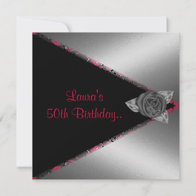 MODERN SILVER/RED V ROSE BIRTHDAY INVITATION (Front)
