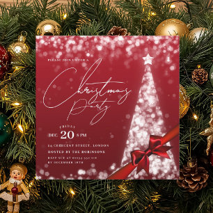 MODERN Silver Red Winter Christmas Tree Bow Party Invitation
