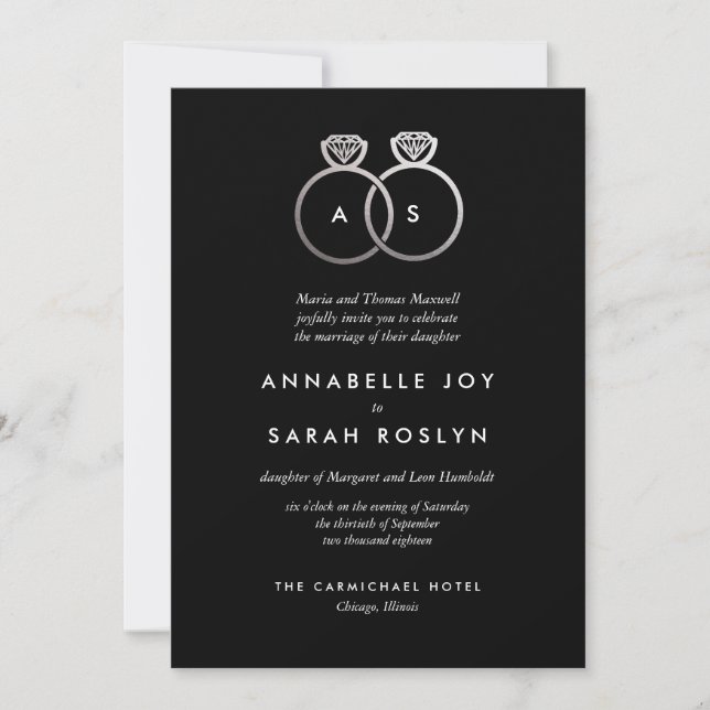 Modern Silver Rings Black Wedding Invitation (Front)