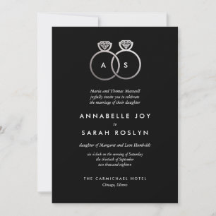 Modern Silver Rings Black Wedding Invitation