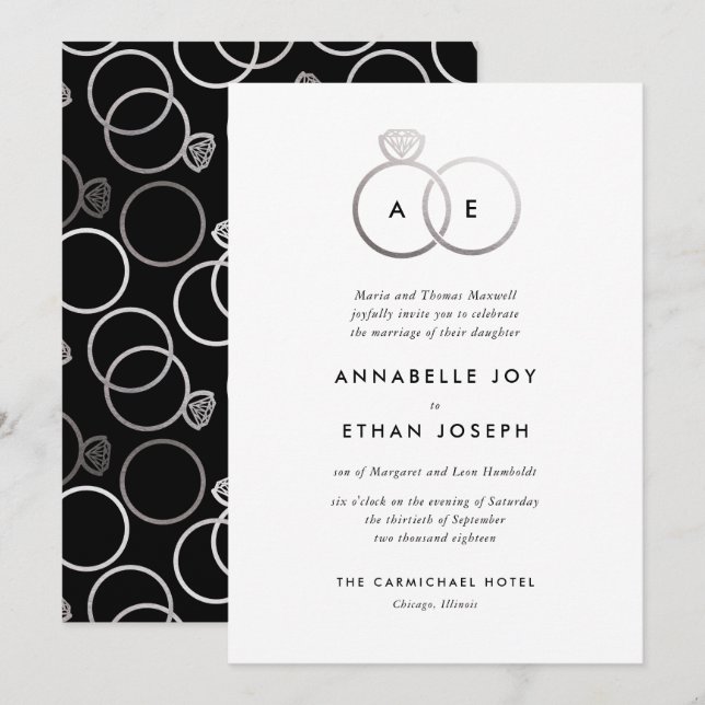Modern Silver Rings Monogram Wedding Invitation (Front/Back)