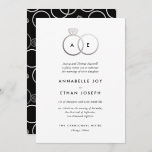 Modern Silver Rings Monogram Wedding Invitation
