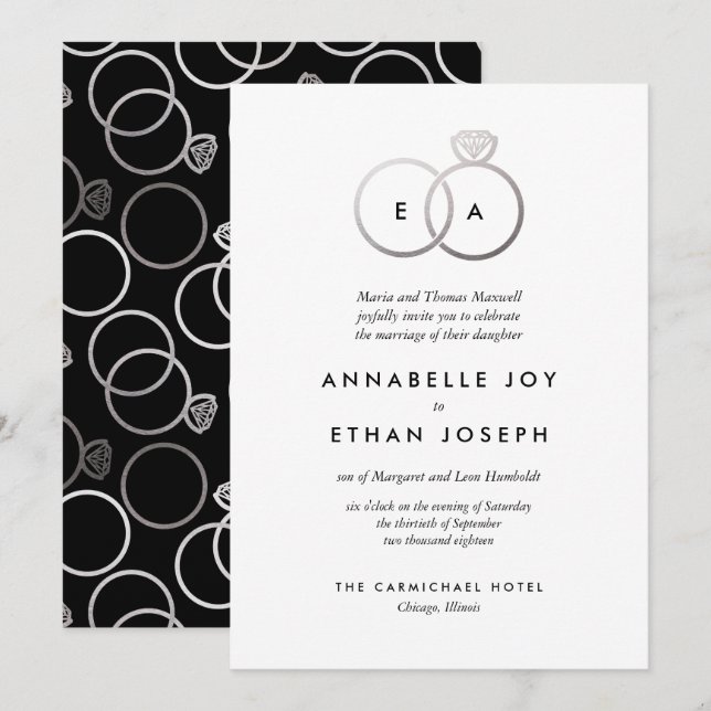 Modern Silver Rings Wedding Invitation (Front/Back)