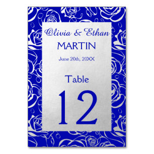 Modern Silver Roses on Royal Blue Table Number