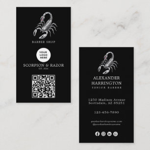 Modern Silver Scorpion Barber Shop Logo Qr Code Business Card