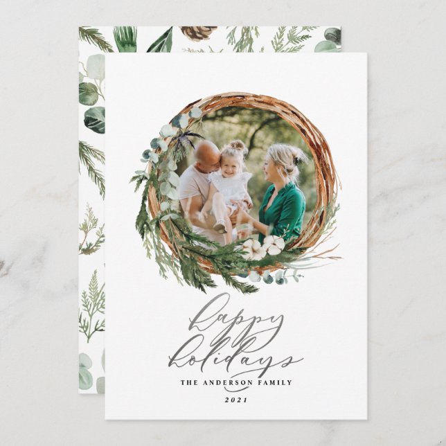 Modern silver script botanical 1 photo Christmas Holiday Card (Front/Back)