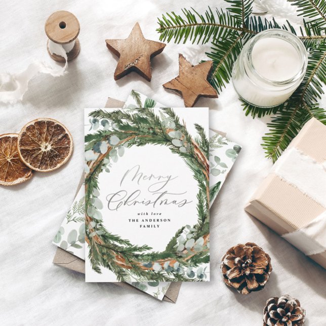 Modern silver script botanical Christmas Holiday Card (Creator Uploaded)
