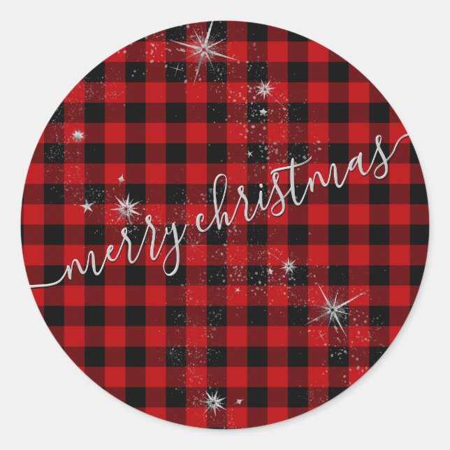 Modern Silver Script Buffalo Plaid Merry Christmas Classic Round Sticker (Front)