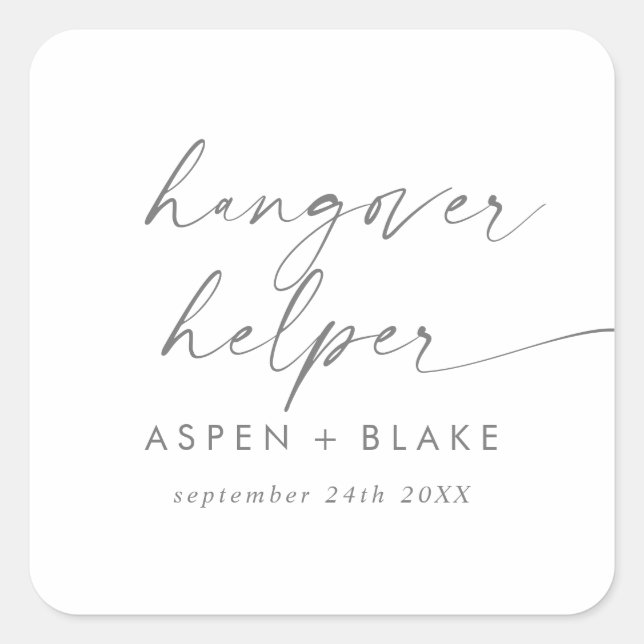 Modern Silver Script Hangover Helper Wedding Favou Square Sticker (Front)