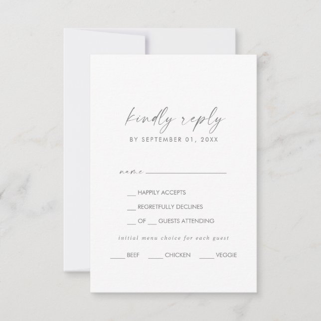 Modern Silver Script Menu Choice RSVP Card (Front)