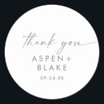Modern Silver Script Thank You Wedding Favour Classic Round Sticker<br><div class="desc">These modern silver script thank you wedding favour stickers are perfect for a minimalist wedding reception. The simple silver grey colour design features unique industrial lettering typography with modern boho style. Customisable in any colour. Keep the design minimal and elegant, as is, or personalise it by adding your own graphics...</div>