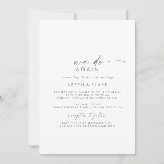 Modern Silver Script We Do Again Vow Renewal Invitation (Front)