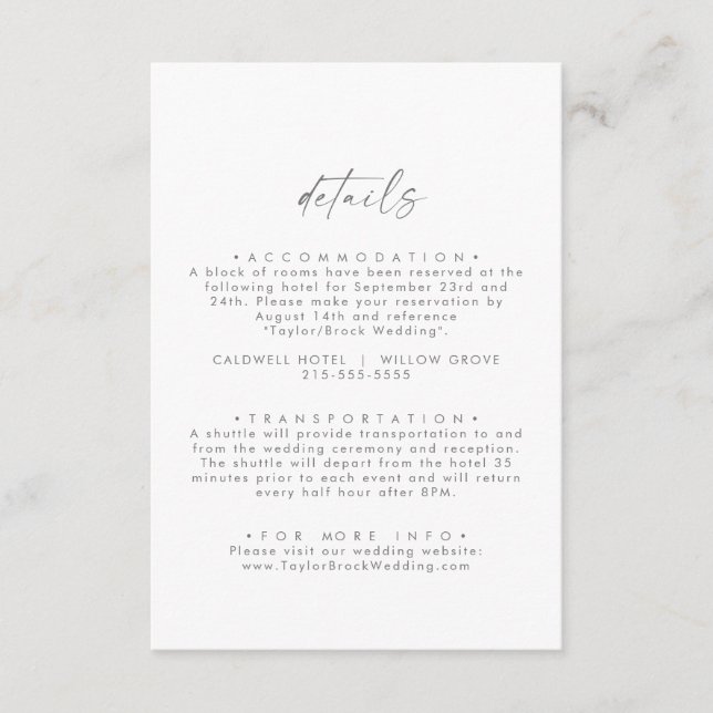 Modern Silver Script Wedding Details Enclosure Card (Front)