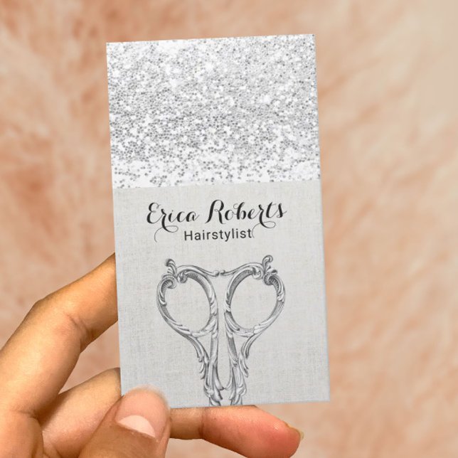 Modern Silver Sequins Hair Stylist Beauty Salon Business Card (Creator Uploaded)