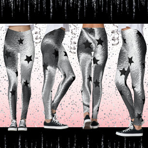 Modern Silver Shimmer Shadow Bold Black Stars Leggings