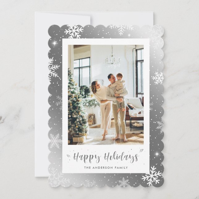 Modern Silver Snowflake Photo Happy Holidays Card (Front)