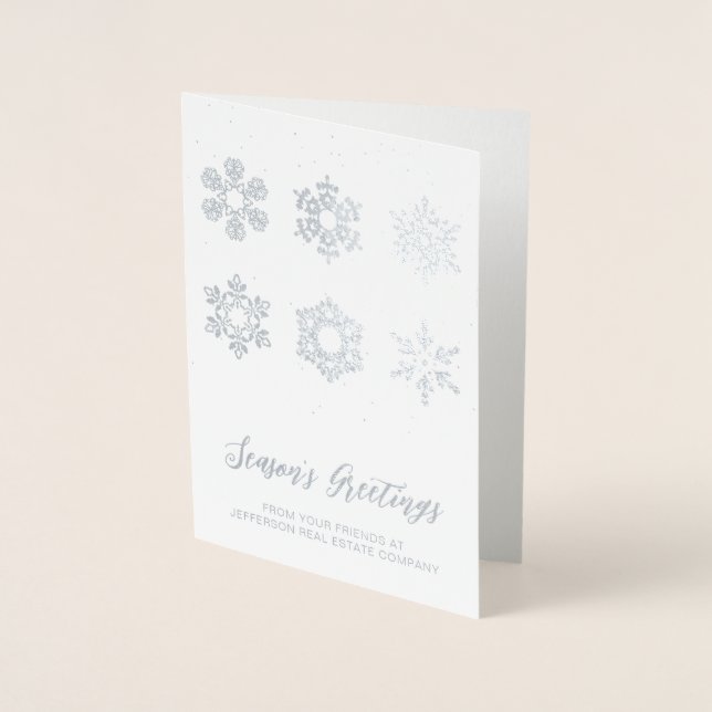 Modern Silver Snowflakes Business Holiday Foil Card (Front)